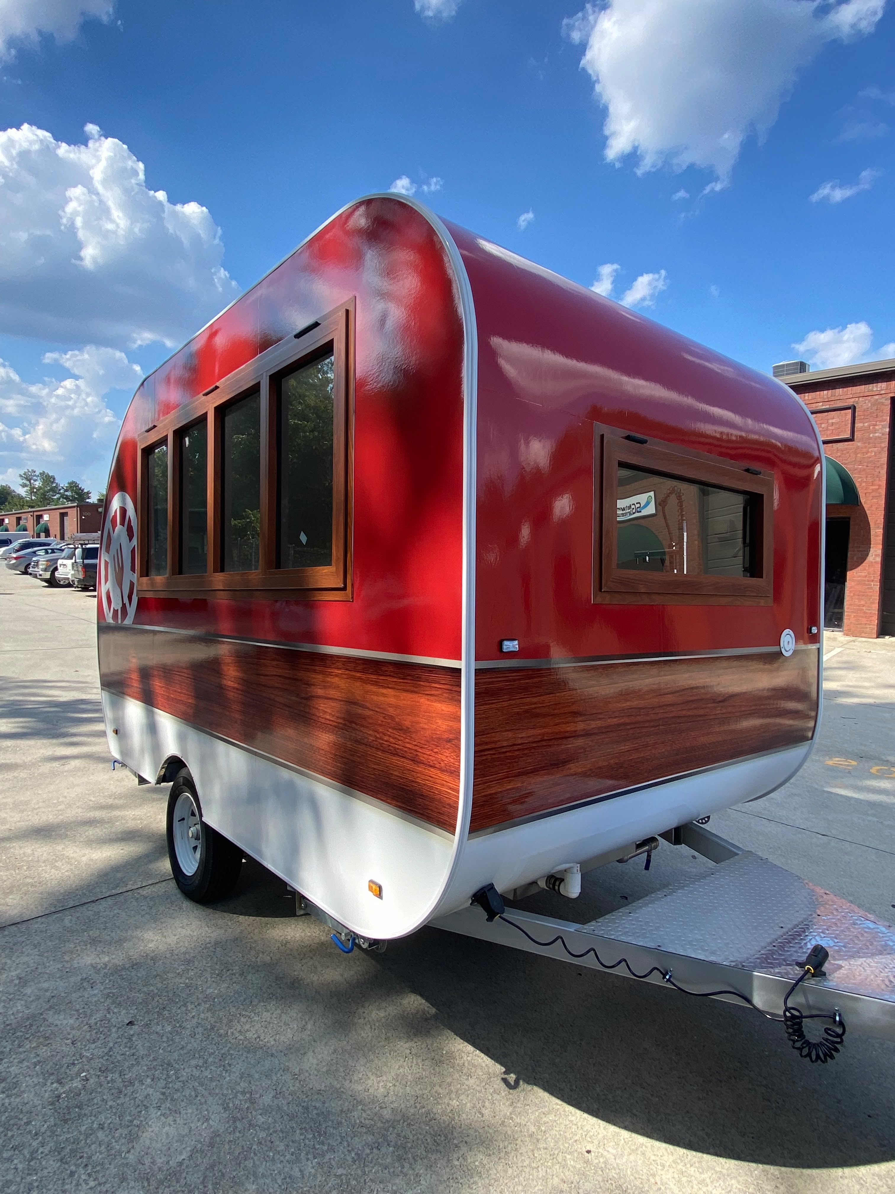 Custom red specialty trailer, front view